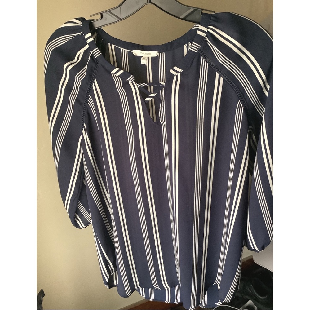 Navy Blue Stripped Blouse with Neck Detail